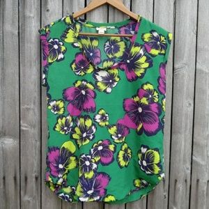 J Crew** PANSY TOP green yellow purple Floral L